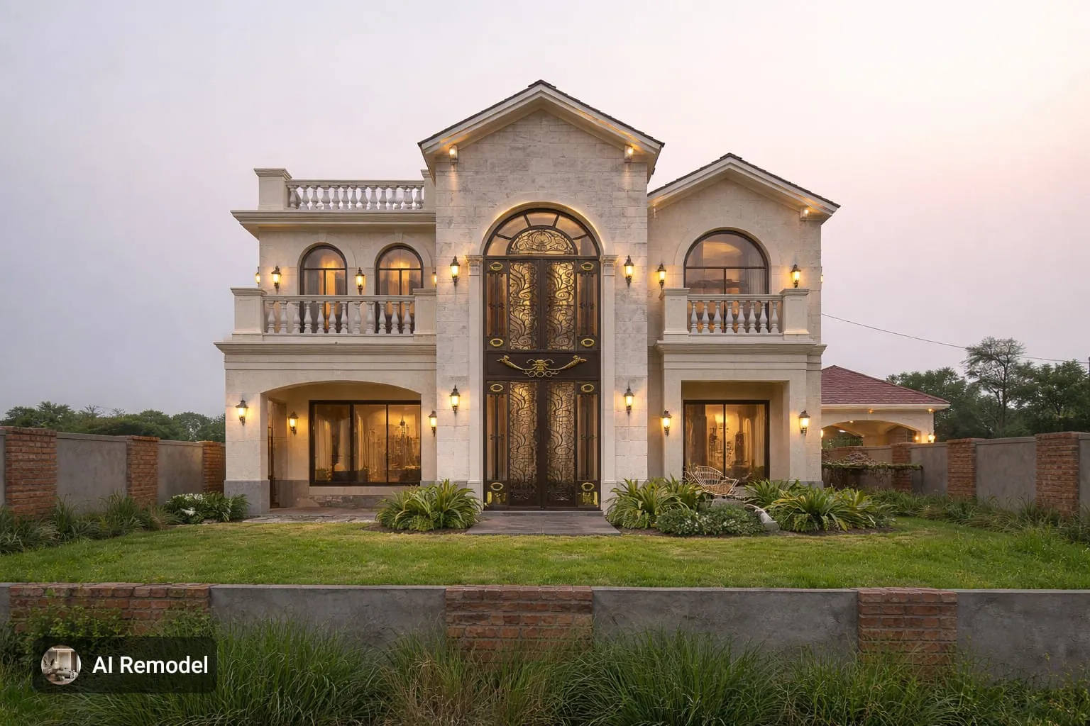 4 Kanal Farm House — grand entrance elevation at dusk