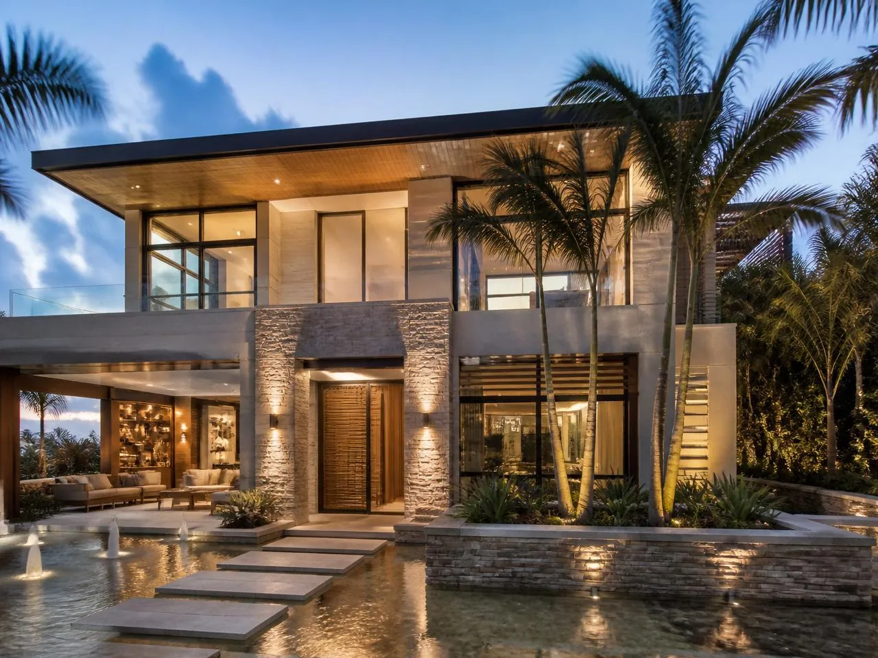 Luxury villa exterior at night